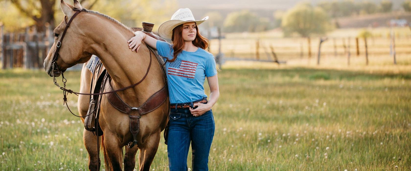 Woman in Ariat T-Shirt with Horse